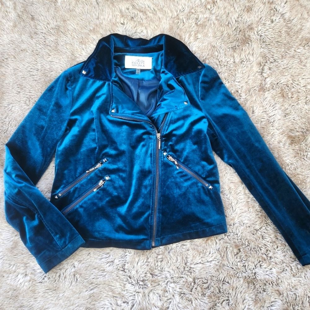 Belle Badgley‎ Mischka Teal Velvet Moto Jacket Size Medium